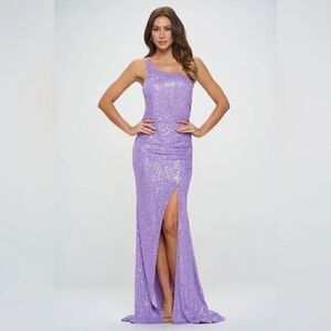 Ricarica Lilac Purple One Shoulder Sequin Prom Wrap Dress